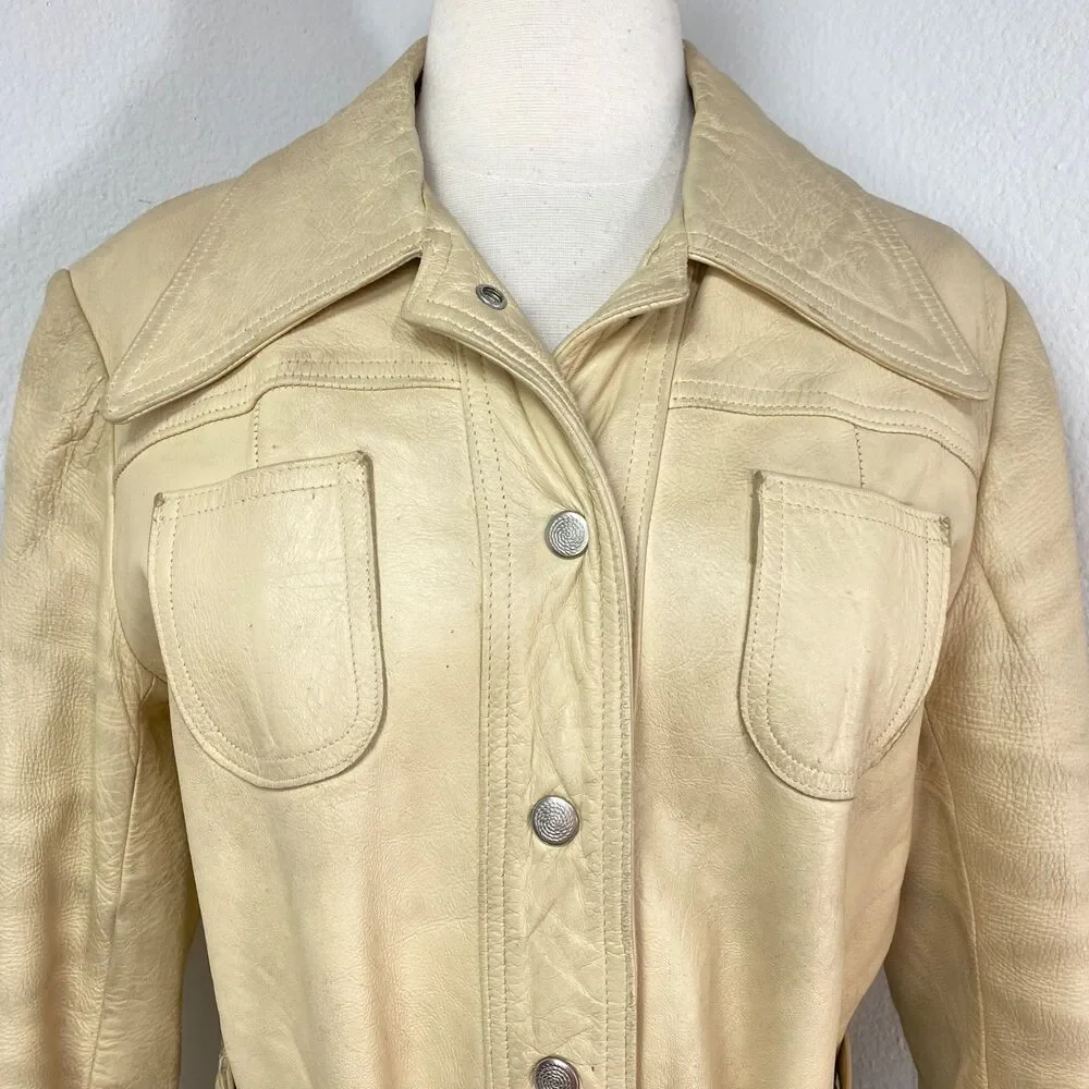 Vintage 70 New England Sportswear Trench Beige Leather Jacket 12 Snap Front Belt